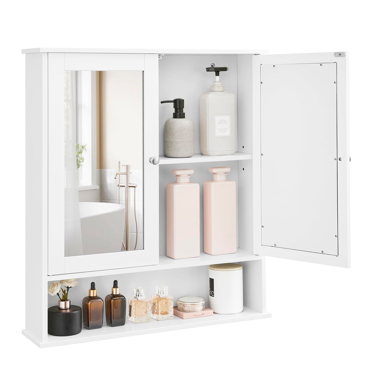 VASAGLE Bathroom Cabinet with Mirror, Wall Cabinet with 2 Mirrored Doors and Open Compartment, Adjustable Shelf, Wall-Mounted, 15 x 65 x 75 cm, White