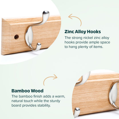 Flatro Coat Hooks Wall-Mounted (Fixings Included) MDF with a Bamboo Finish Coat Rack with 4 Zinc Alloy Hooks to Hang Hats, Jackets, Bags, Keys