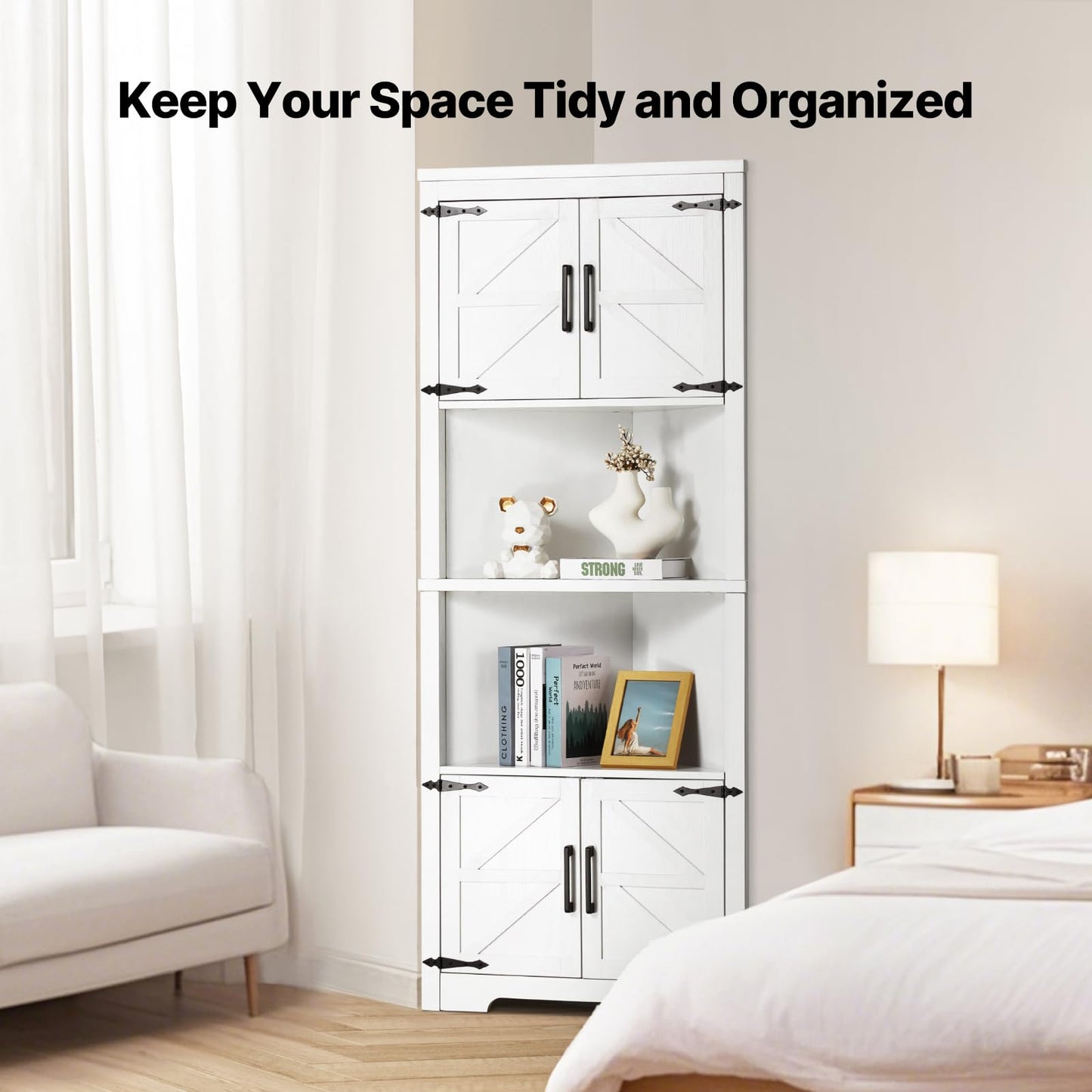 VEVOR 68" Tall Corner Storage Cabinet, 6 Tiers Farmhouse Storage Cabinet with 4 Wooden Doors & Adjustable Shelves
