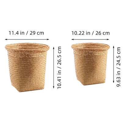 SEWACC 2Pcs Braided Straw Waste Paper Baskets 11.4 Inch Multifunctional Storage Bins for Bedroom Bathroom Office Lightweight Rattan Trash can