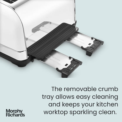Morphy Richards Venture 4 Slice Toaster, Brushed Stainless Steel, Defrost and Reheat, Removeable Crumb Tray, High Lift Function, White, 240134