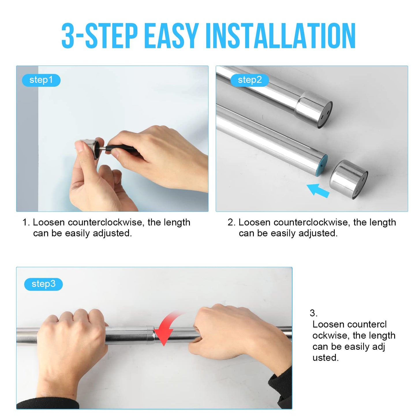 WAENLIR 56cm-100cm Extendable Stainless Steel Wardrobe Rail, Adjustable Clothes Rail Pole With End Sockets