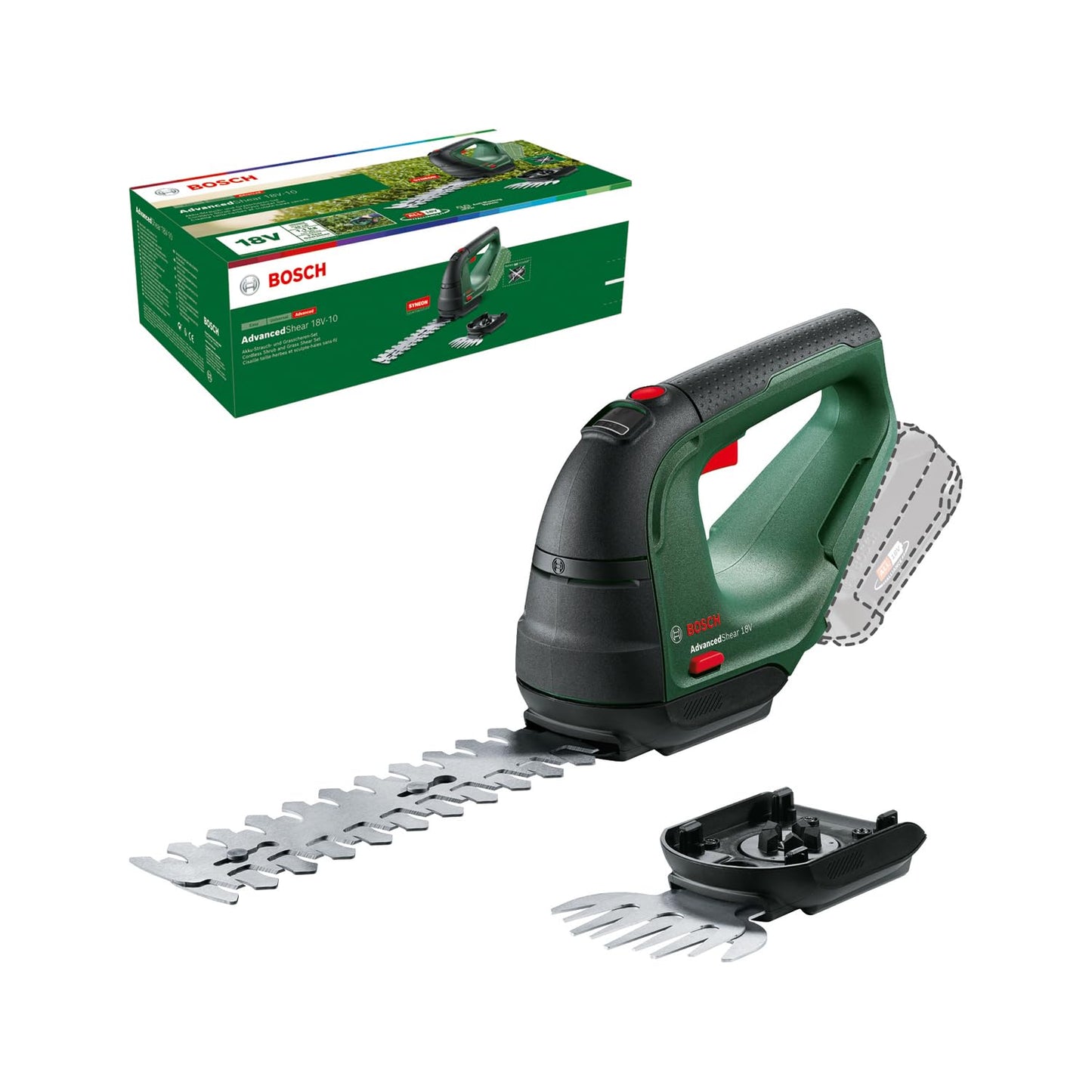 Bosch Cordless AdvancedShear 18V-10 (Without, 18 Volt System, cuts up to 85 m? per Battery Charge, with Shrub and Grass Shear Blades, in Carton