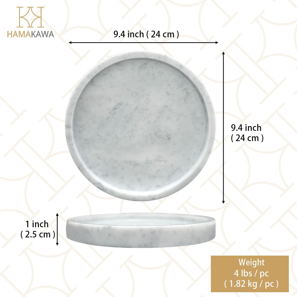 HAMAKAWA Natural Marble Bathroom Vanity Tray, Large Round Tray 24cm / 9.5 inch, Carrara White Limestone Dresser Tray