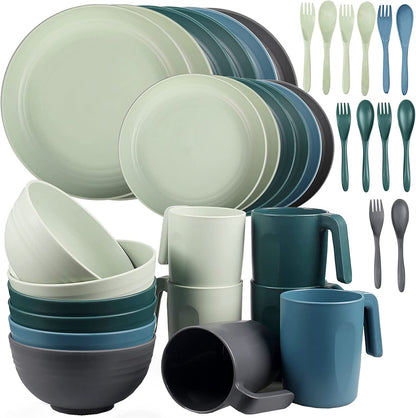 36pcs Unbreakable Dinnerware Sets for 6 People, Camping Plates and Bowls Set, Plastic Picnic Dinner Sets, Lightweight BBQ Serving Plates, Bowls, Cups,
