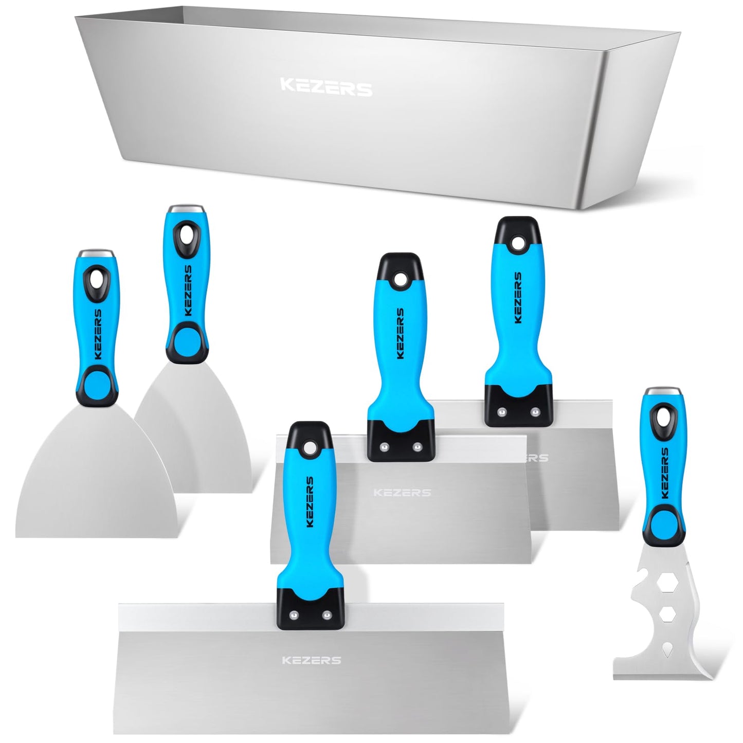 KEZERS Drywall Hand Tool Kit, 7 Pieces 3" 4" 5" 6" 8" 12" Stainless Steel Drywall Knife with Metal Hammer End, Includes Putty Knife, Taping Knife, and