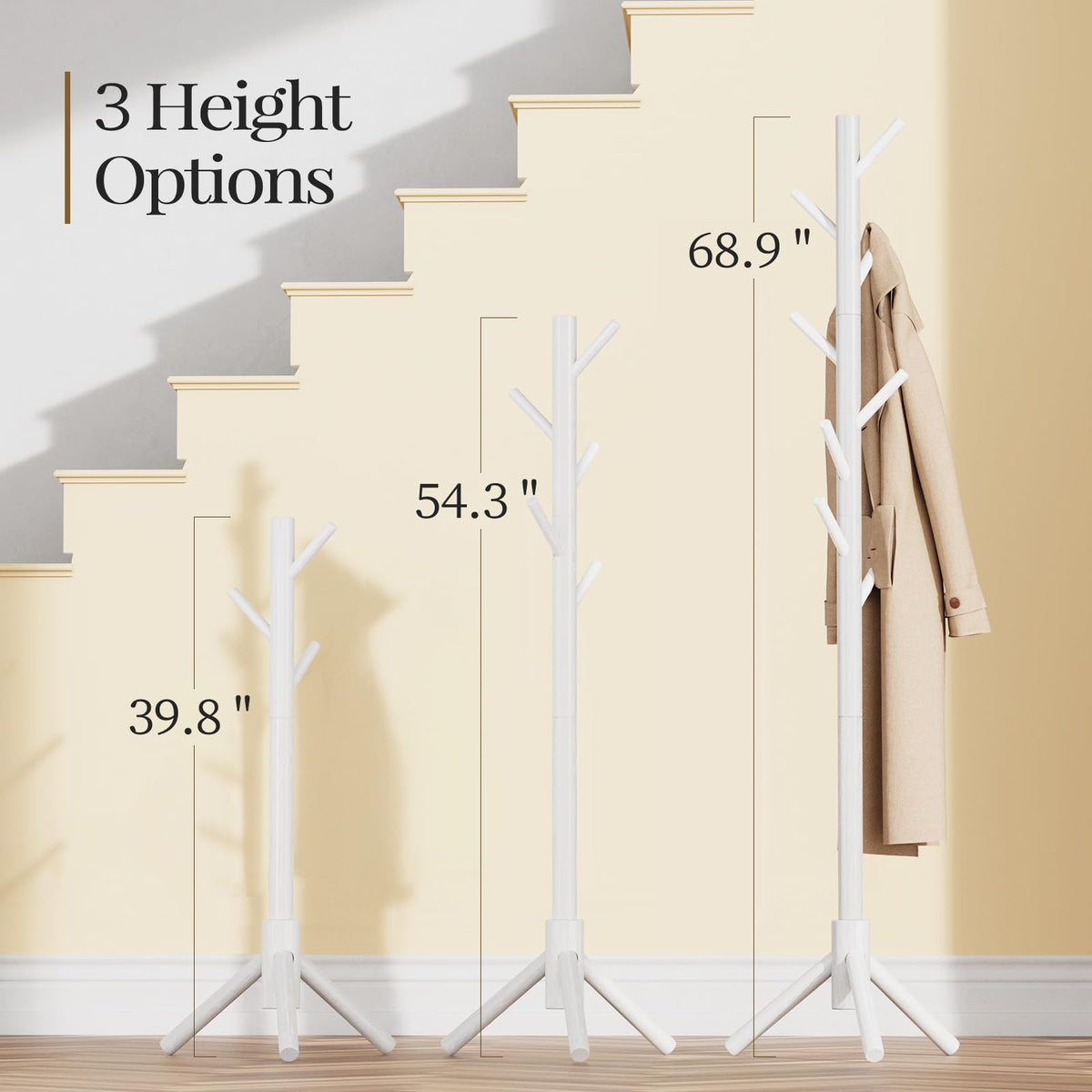 Pipishell Coat Rack, Coat Rack Freestanding with 3 Adjustable Sizes Coat Tree and 8 Hooks, Sturdy Wooden Coat Rack Stand for Cloathes, Hat, Used in