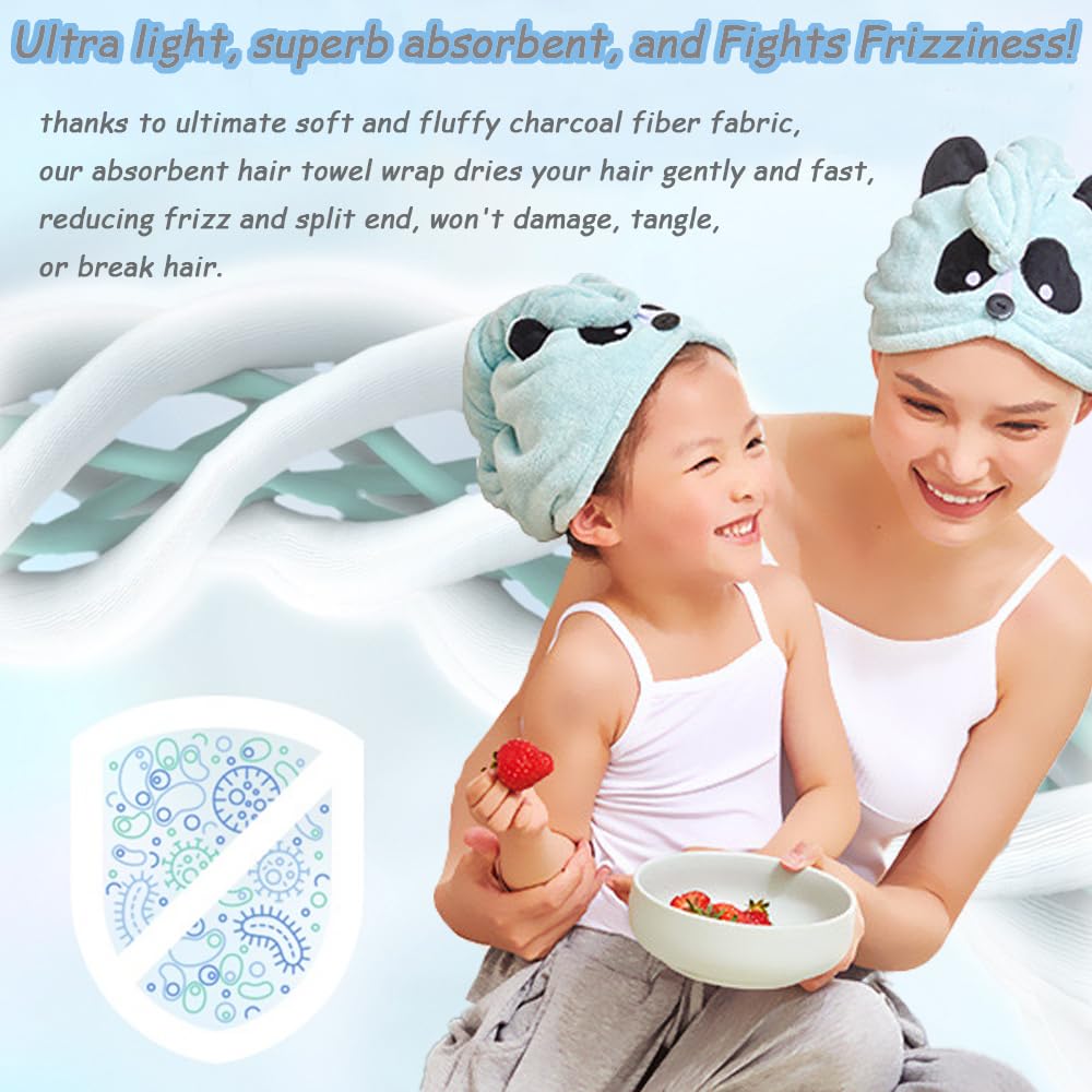 Girls' Absorbent Hair Towel Wrap Kids Hair Drying Wrap Towel Hat Cute Cartoon Turban Towels with Button Anti-Frizz Wet Hairs Shower Cap Quick Drying