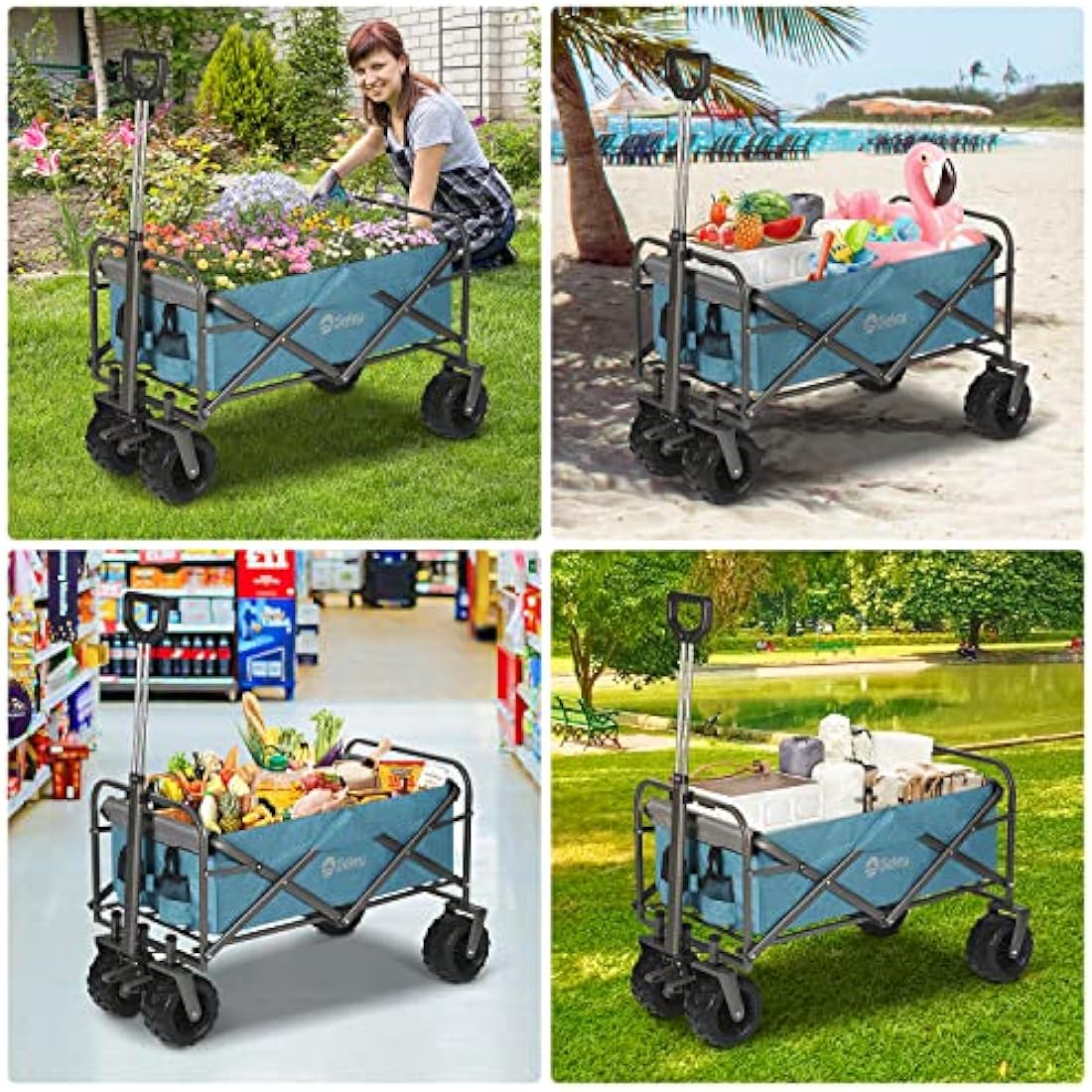 Sekey Folding Festival Trolley with Wide All-Terrain Wheels, 440LB Large Load Capacity, Heavy-Duty Camping Wagon with Brake, Sturdy Beach Garden Cart, Adjustable Handles & Drink Holders, Light Blue
