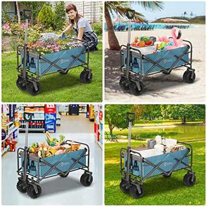 Sekey Folding Festival Trolley with Wide All-Terrain Wheels, 440LB Large Load Capacity, Heavy-Duty Camping Wagon with Brake, Sturdy Beach Garden Cart, Adjustable Handles & Drink Holders, Light Blue