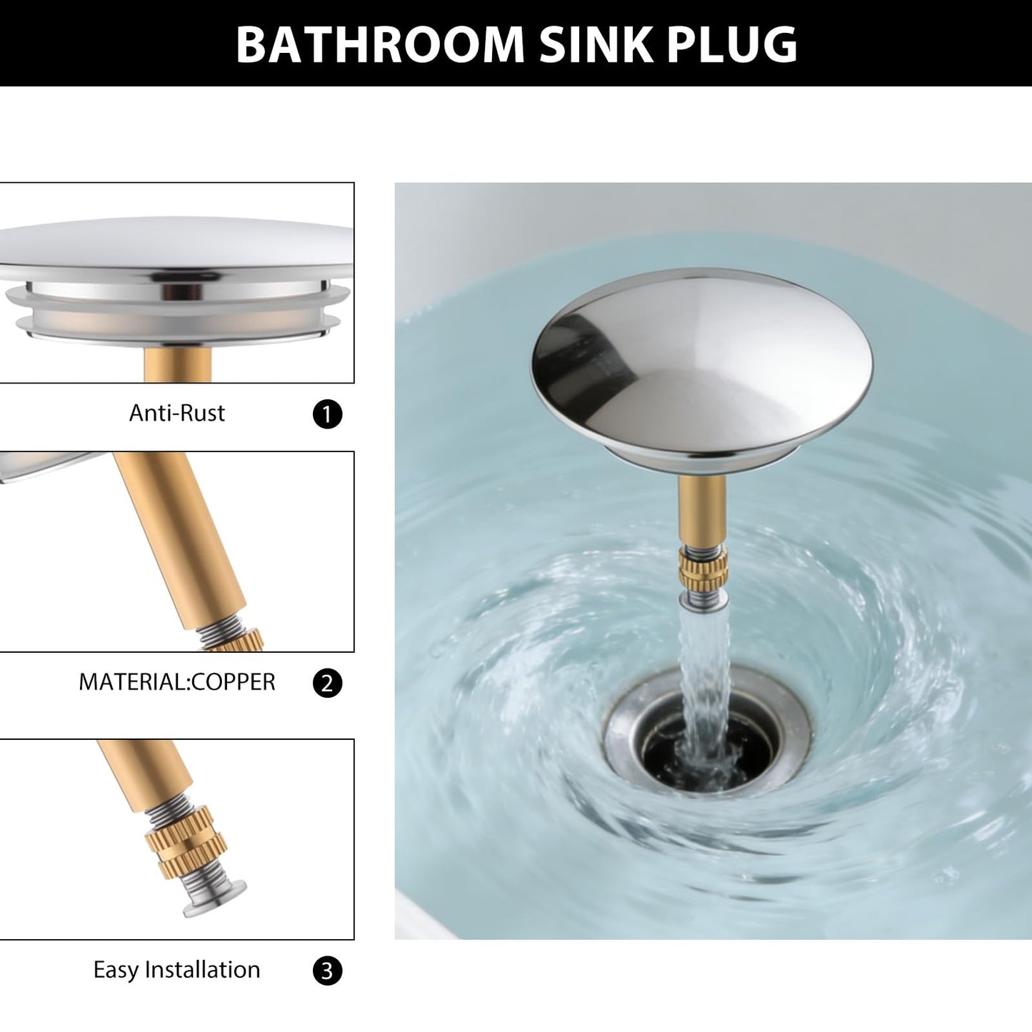XdealCozyxc 72mm Pop up Bath Plug Replacement with 2 Pcs Sink Plug Rubber Seal, 9mm Pole Silver Adjustable Bath Tub Plug