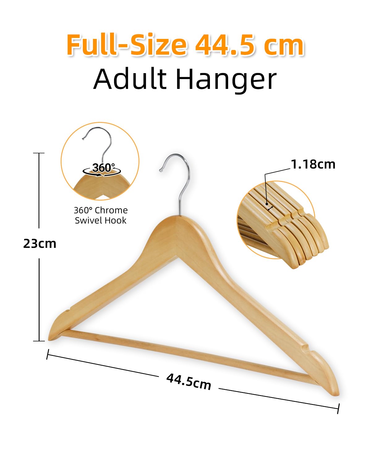 Hangerman Wooden Clothes Hangers - 20 Pack Solid Wood Coat Jacket Hangers with Non-Slip Trouser Bar and Notches, 360° Swivel Hook, Natural