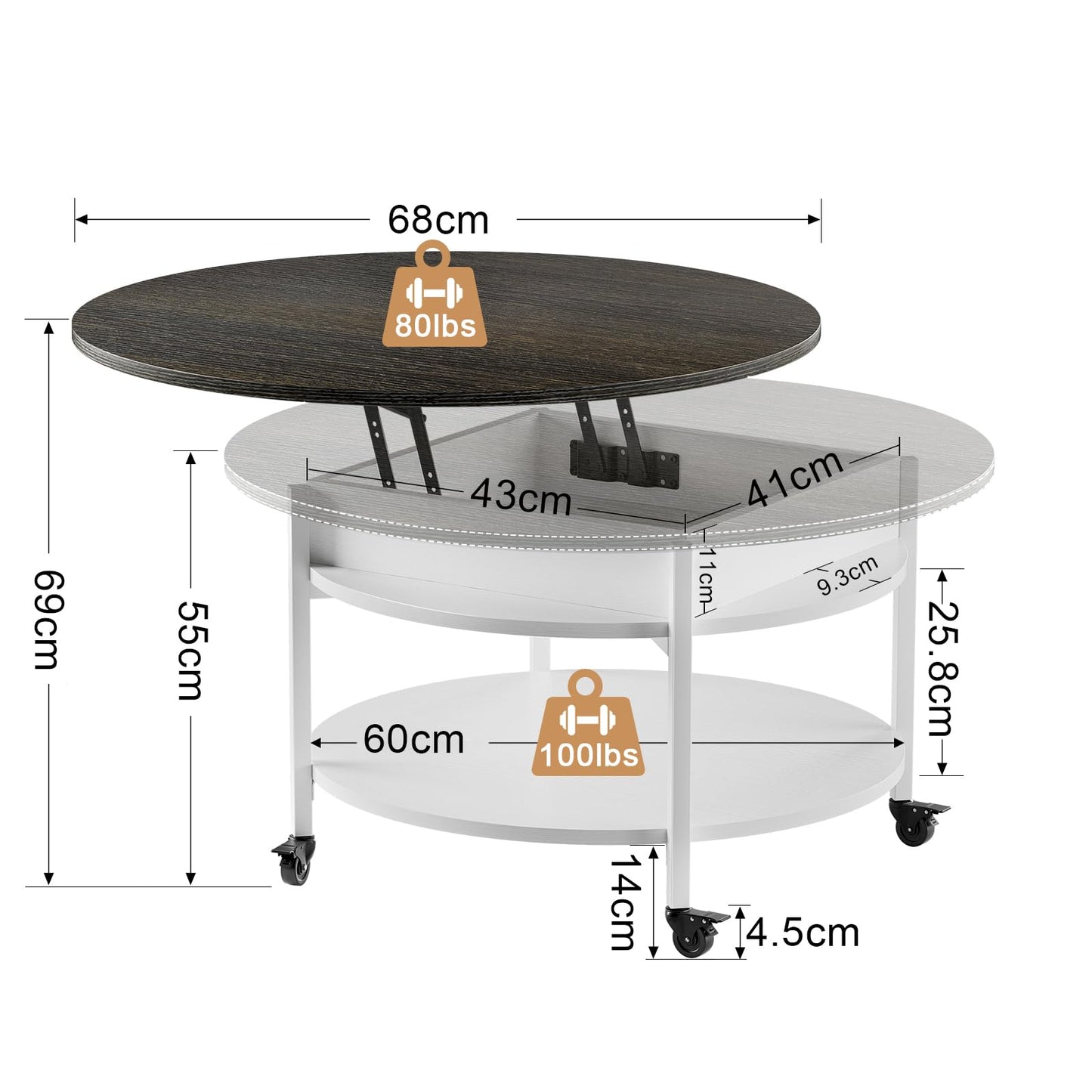 Mossora Round Lift Top Coffee Table with Wheels, Circle Center Table with Storage and Compartment, 68 cm Rolling Coffee Tables for Living Room
