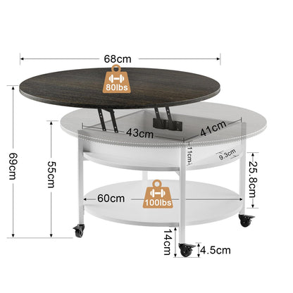 Mossora Round Lift Top Coffee Table with Wheels, Circle Center Table with Storage and Compartment, 68 cm Rolling Coffee Tables for Living Room