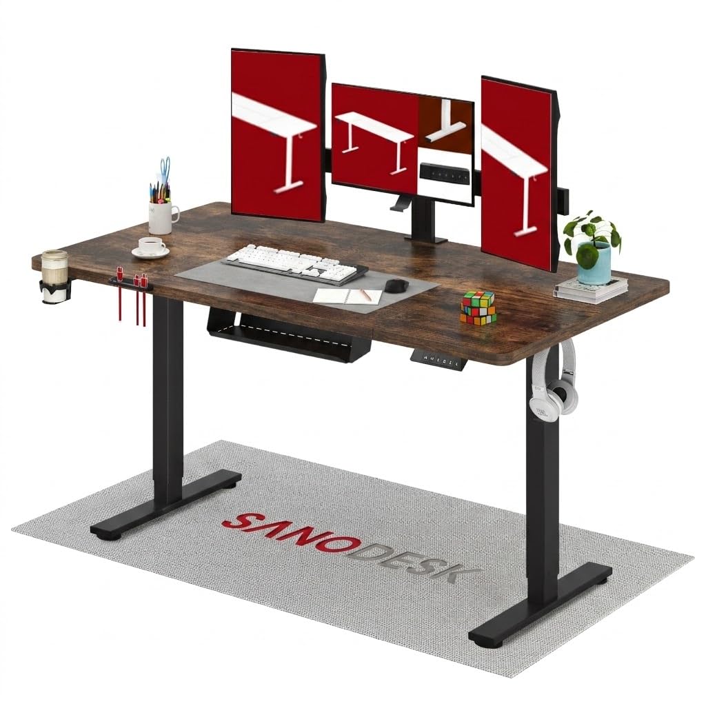 SANODESK 160 * 60 Electric Standing Desk, Height Adjustable Sit Stand Computer Desk with Anti-Collision Technology, Cable Management, Storage Basket