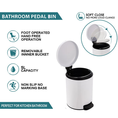 Bathroom Bin with Loo Brush Set, 5L Slim Round Stainless Steel, White