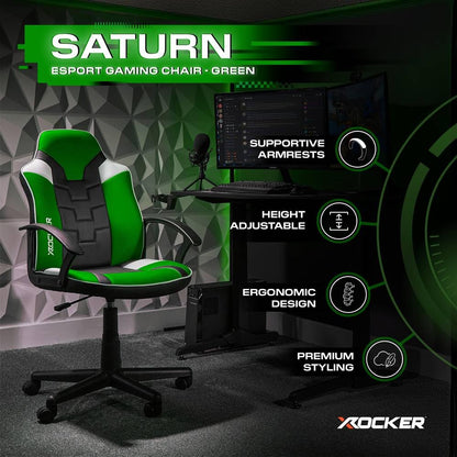 X-Rocker Saturn Mid Back Compact Gaming Chair for Kids & Teens - Ergonomic, Comfortable, Height Adjustable, Wipe-Clean Faux Leather - Black/Green