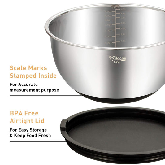 Wildone Mixing Bowls Set of 5, Stainless Steel Nesting Bowls with Airtight Lids, 3 Grater Attachments, Measurement Marks & Non-Slip Bottoms, Size 5,