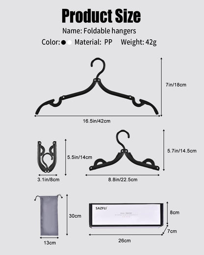 Sazfli 10-Pack Foldable Travel Hangers with Gift Box – Thickened ABS & Aluminum Clips, Non-Slip Design for Delicate Clothes, Compact 5.5x3 Inch