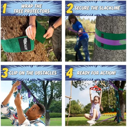 Ninja Warrior Obstacle Course for Kids Workout Equipment, 2 x 55ft Slacklines with 10 Weatherproof & Durable Obstacles - Cargo Net, Rope Ladder & More - Ninja Course for Kids Outside