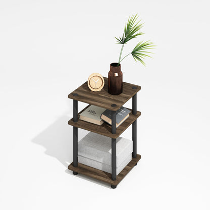 Furinno TURN-N-TUBE Side Table, 3-Tier End Table with Open Shelf, Night Stand, Bedside Table, Easy Assembly, for Living Room, Bedroom, Brown Walnut