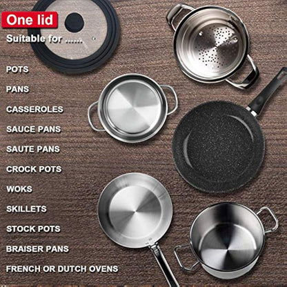 Universal Lid for Pots, Pans and Skillets - Tempered Glass with Heat Resistant Silicone Rim and Fits 18/20/22cm and 26/28/30cm Diameter Cookware