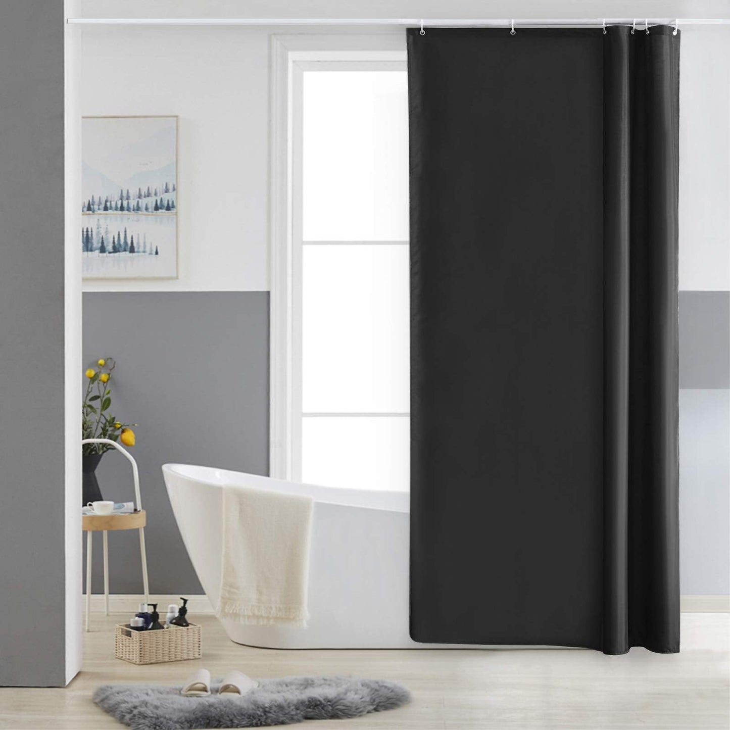 Furlinic Black Shower Curtain Weighted Hem for Bathroom Wet Room 85×180cm