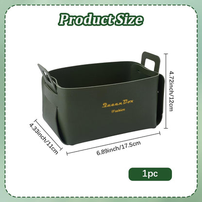 BEAMARKER Foldable Storage Basket Bin PU Leather Desktop Organizer Box Green Small Catchall Basket Rectangle Tray Double Handles for Entryway Bedside