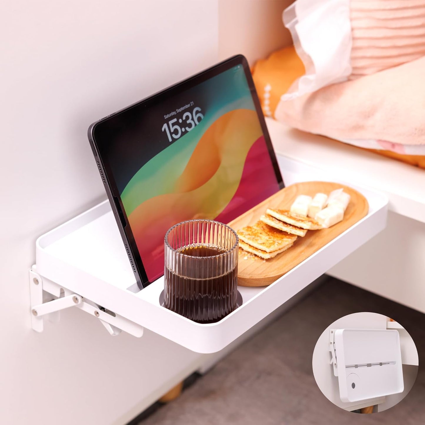 KIWIFOTOS Bedside Shelf,Wall Mounted Drop-Leaf Folding Floating Shelf with Cup Holder, Cable Organizer, Bracket for Small Space Saving, Floating Side