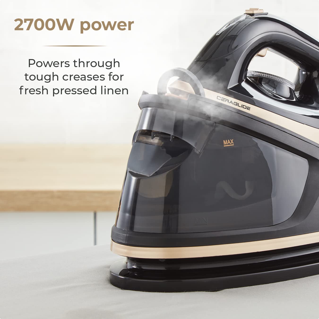 Tower T22023GLD Ceraglide Steam Generator with Steam Shot Button, 3 Temperature Settings, 1.2L, 2700 W, Champagne Gold and Black
