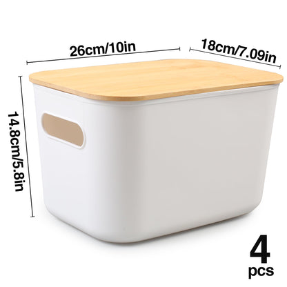 MaxEarn 4Pcs 7L Plastic Storage Boxes with Wood Lids & Handle, 26x18x15cm