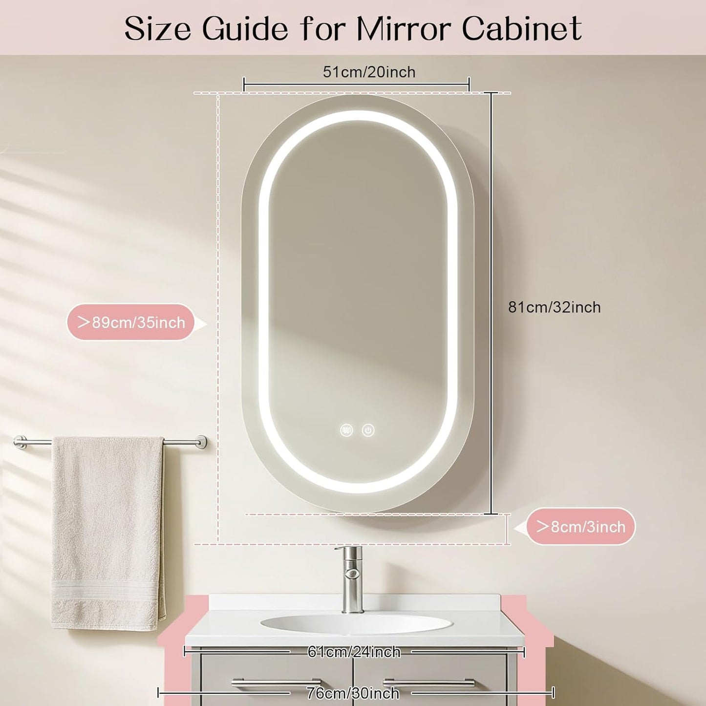 Janboe Oval Mirror Cabinet with Light,LED Mirror Cabinet,USB Shaver Socket,Internal Light,Steel with Powder Coating,Soft Closing Hinge,51cm×81cm,White