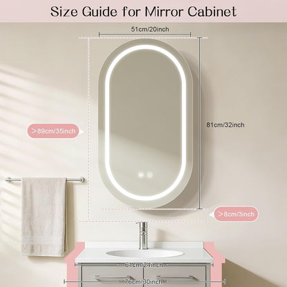Janboe Oval Mirror Cabinet with Light,LED Mirror Cabinet,USB Shaver Socket,Internal Light,Steel with Powder Coating,Soft Closing Hinge,51cm×81cm,White