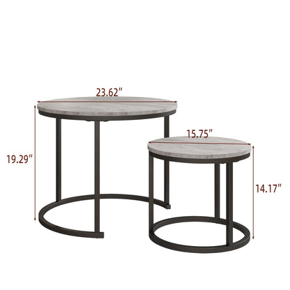 HOJINLINERO Small Round Nesting Coffee Table Set of 2 with Metal Frame and Wood Top, Modern Stacking Side Table for Living Room, Bedroom, Office