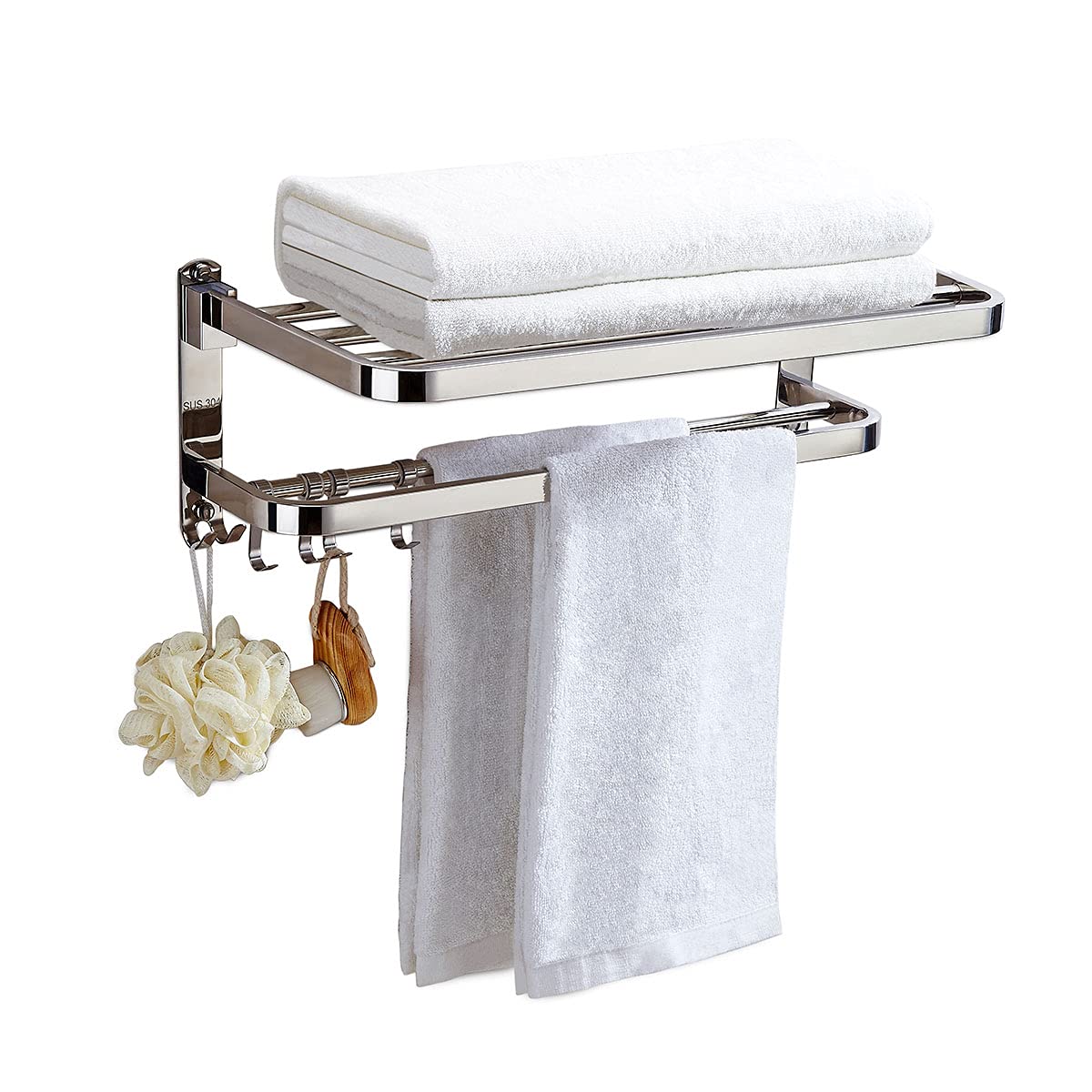 Booxihome Towel Rack, Stainless Steel Towel Rail with Double Towel Shelf for Bathroom, Wall-Mounted Shower Shelf Organizer 37cm(14.5 inch)
