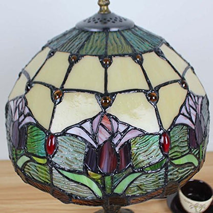 Bieye L30020 Tulip Flower Tiffany Style Stained Glass Table Lamp Night Light with 12 Inches Wide Handmade Lamp Shade Metal Base for Bedside Bedroom Living Room, 18 inches Tall, Red Green…