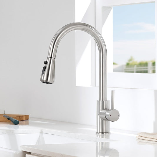 DERW Kitchen Tap, Pull Out Kitchen Mixer Tap, 360? Swivel Spout, 2 Modes Spray, Stainless Steel Construction, Anti-Splash, Single Handle Easy Control,