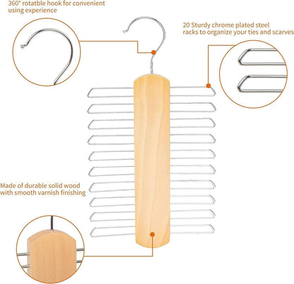 2 Pack Tie Holder Wooden Necktie And Belt Hanger 360 Degree Rotating Tie Holder Hanging Storage Rack with 20 Shelves for Belts, Scarves, Tie Storage