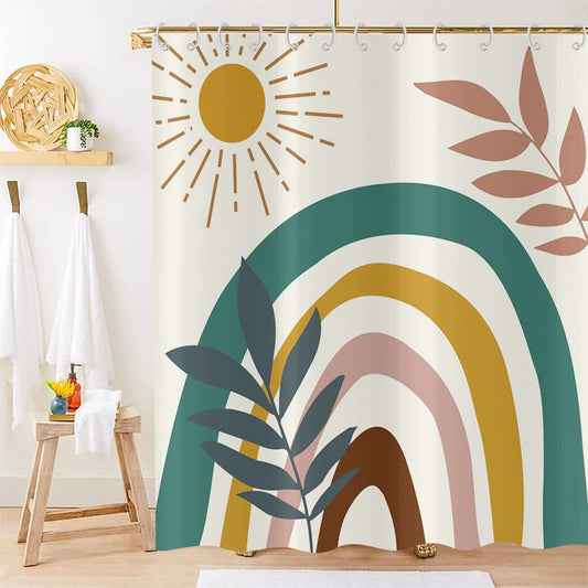 Hnmdmyi Boho Shower Curtain 90x180, Mid Century Abstract Leaf Sun Rainbow Beige Bathroom Curtains Modern Minimalist Geometric Aesthetic Art Waterproof