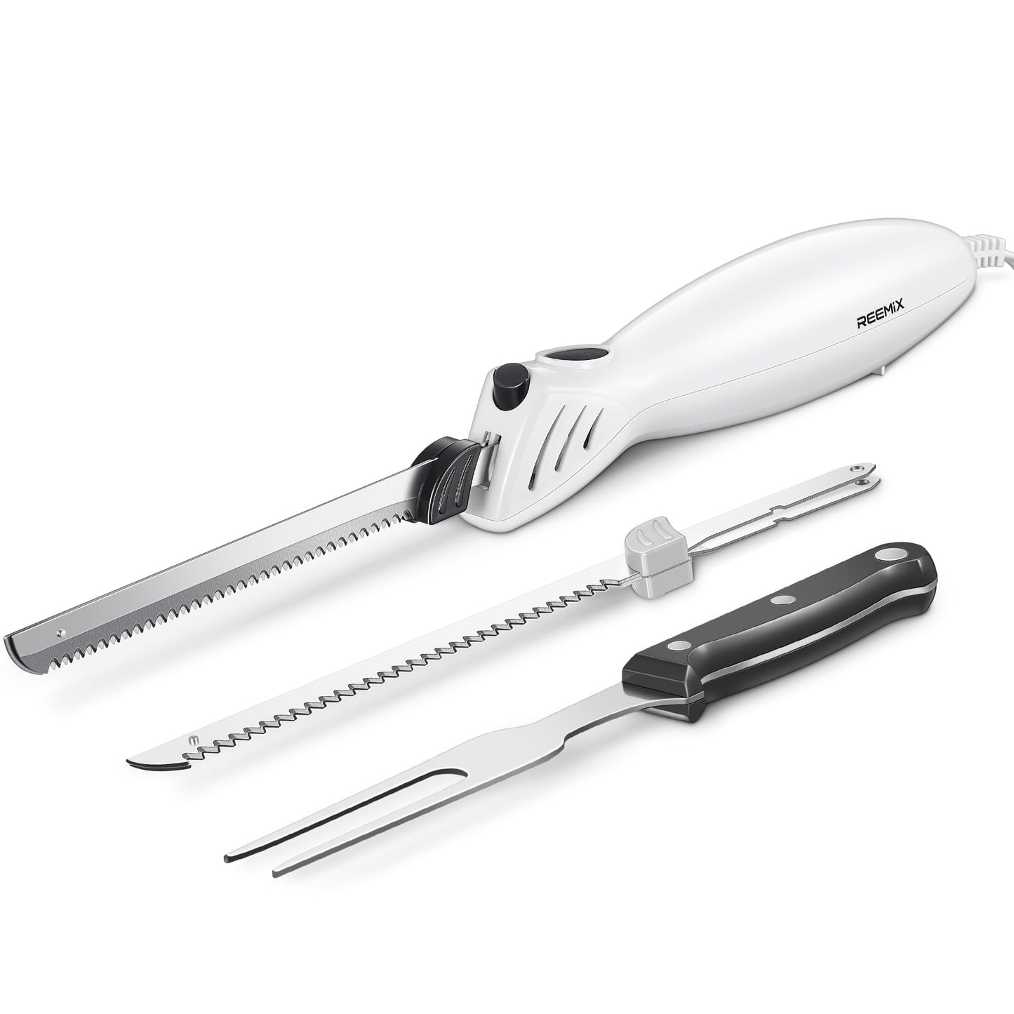 Reemix Electric Carving Knife, Electric Knife Set for Multi-Purpose Use, One Touch Operation, 2 Carving Blades Included and 1 Serving Fork (white)