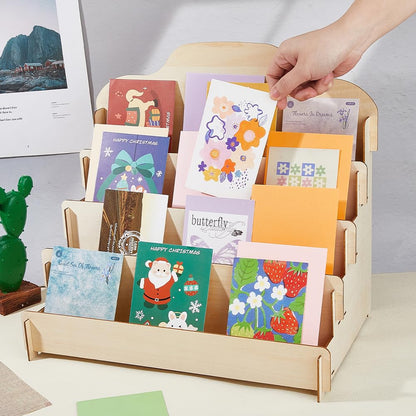 DICOSMETIC 4-Tier Greeting Card Display Stand Wood Sticker Rack Portable Birthday Card Display Wooden Sticker Holder Organizer for Home Retail
