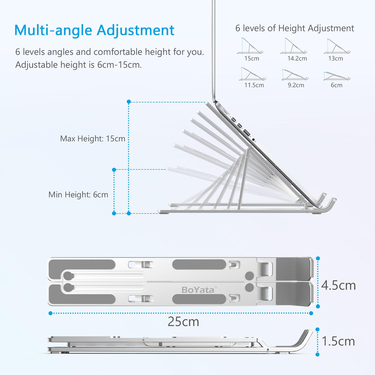 BoYata Laptop Stand, 6-Level Height Adjustable Portable Laptop Riser,Silver