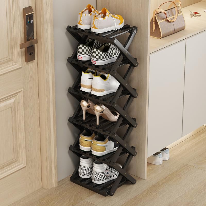 GIRYES Small Shoe Rack Black, 6 Tier Bamboo Foldable Shoes Organizer Free Standing Shelf for Entryway, Bedrooms, Closet, Living Room Corner