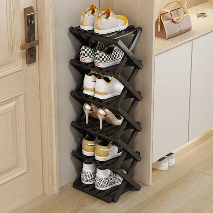 GIRYES Small Shoe Rack Black, 6 Tier Bamboo Foldable Shoes Organizer Free Standing Shelf for Entryway, Bedrooms, Closet, Living Room Corner