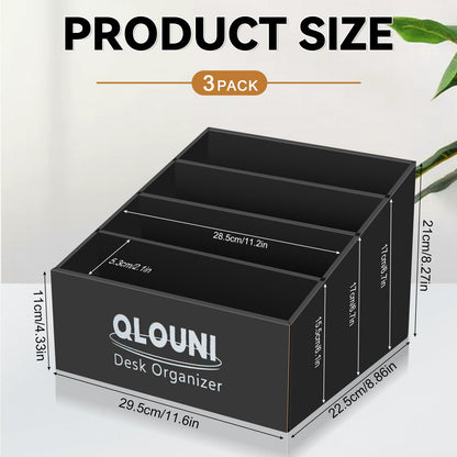 QLQUNI Desk Organiser, 4 Compartment Step Desk Tidy, Black Desktop Storage Box for Letters, Bills, Stationery & Office Supplies