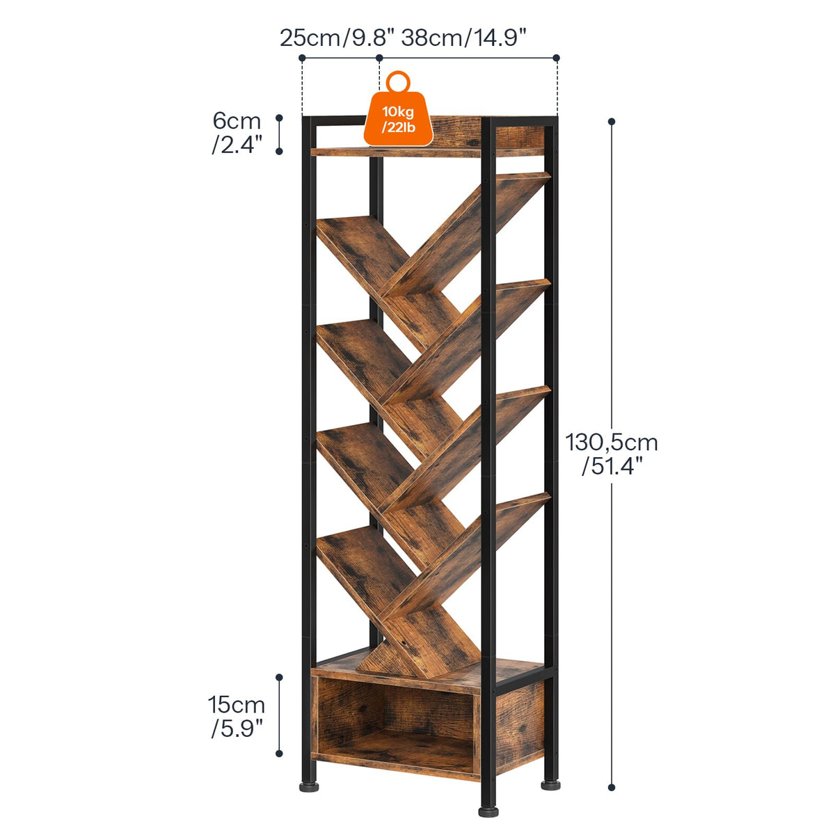 HOOBRO Tree Bookshelf with Storage, 9-Tier Floor Standing Shelf with Upper Shelf & Compartment, Tall CD/DVD/Book Organiser, for Living Room, Bedroom