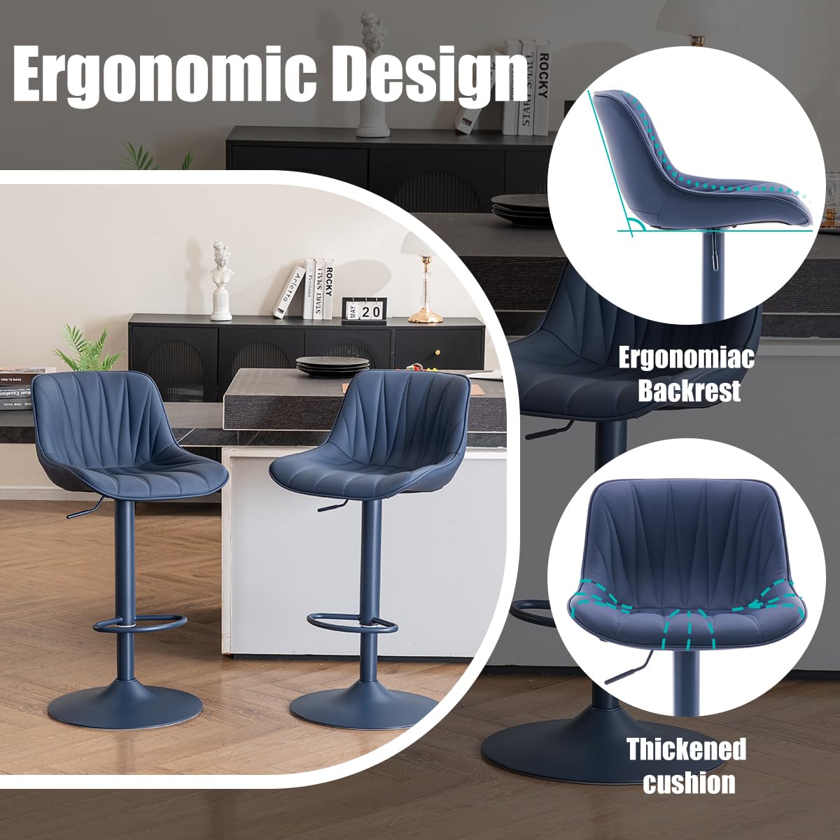 YOUNIKE Bar Stools Set of 2, Modern Upholstered Faux Leather Barstools with Back, Swivel Tall Adjustable Counter Height Bar Chairs, Entirely Navy Blue