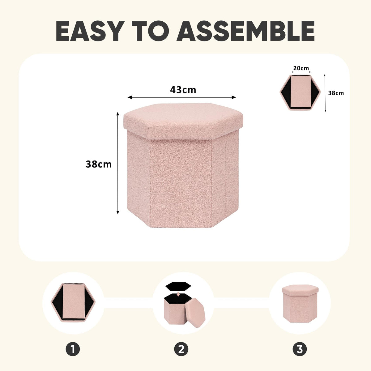 PINPLUS Boucle Ottoman Storage, Hexagonal Foldable Footrest, Pink