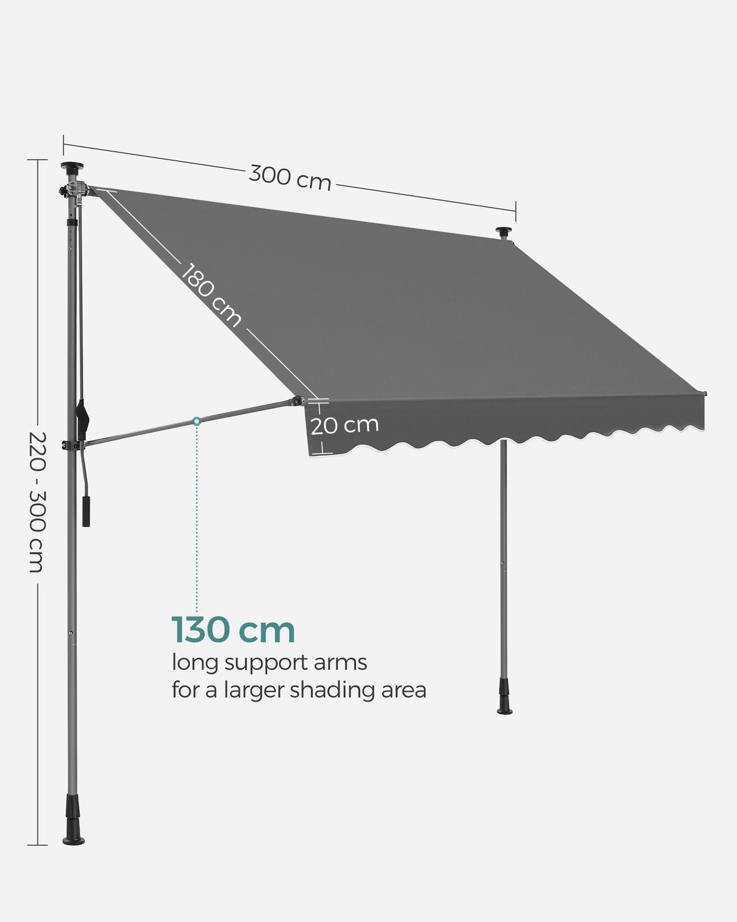 SONGMICS Clamp Awning, 300 x 130 cm, Balcony Awning, Height-Adjustable, with Hand Crank, Sun Protection for Balcony, Patio, Garden, Anthracite