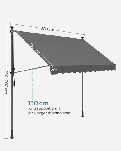 SONGMICS Clamp Awning, 300 x 130 cm, Balcony Awning, Height-Adjustable, with Hand Crank, Sun Protection for Balcony, Patio, Garden, Anthracite